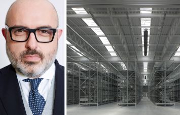 Dino Papparelli of Deutsche Bank and the interior of a warehouse.