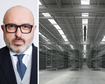 Dino Papparelli of Deutsche Bank and the interior of a warehouse.