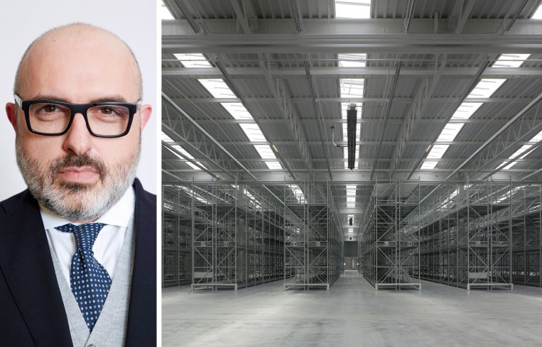 Dino Papparelli of Deutsche Bank and the interior of a warehouse.