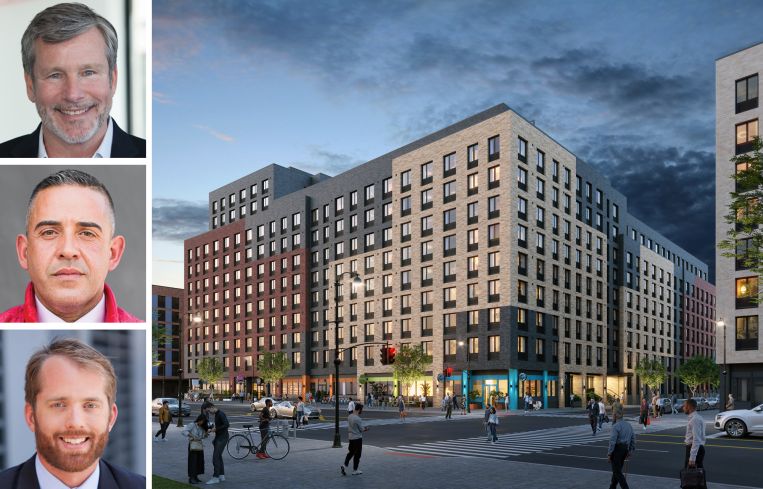 BFC Partners's Donald Capoccia, Joseph Ferrara, and Winthrop Wharton, and a rendering of 1709 Surf Avenue.