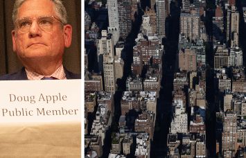 Doug Apple, chairperson of the Rent Guidelines Board, and an aerial view of Manhattan.