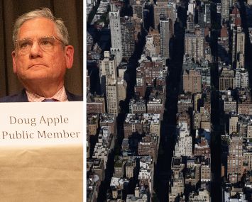 Doug Apple, chairperson of the Rent Guidelines Board, and an aerial view of Manhattan.
