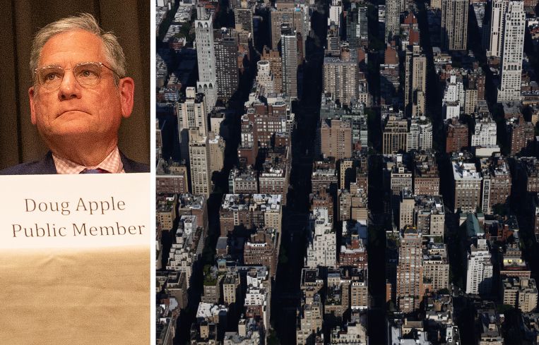 Doug Apple, chairperson of the Rent Guidelines Board, and an aerial view of Manhattan.