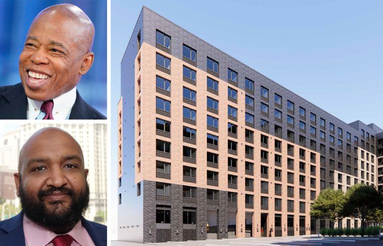 Mayor Eric Adams, Department of Housing Preservation and Development (HPD) Acting Commissioner Ahmed Tigani, and a rendering of Coney Island Phase III.