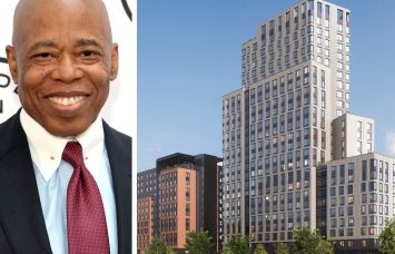 Mayor Eric Adams and a rendering of the La Central project in the Bronx.