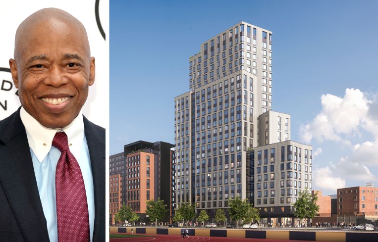 Mayor Eric Adams and a rendering of the La Central project in the Bronx.