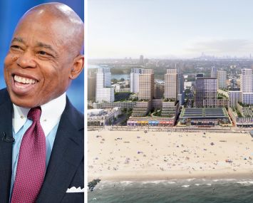 Mayor Eric Adams and a rendering of the planned projects along Surf Avenue at Coney Island.