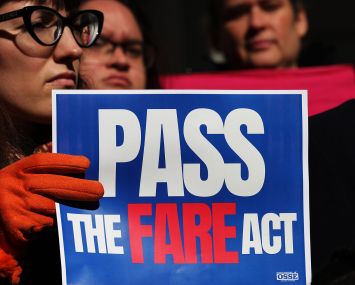 Supporters of the FARE Act gather for a rally ahead of a City Council meeting in November 2024.