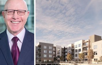 Bank OZK CEO George Gleason and a rendering of the Hillcrest Apartments project in Thousand Oaks, Calif.
