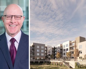 Bank OZK CEO George Gleason and a rendering of the Hillcrest Apartments project in Thousand Oaks, Calif.