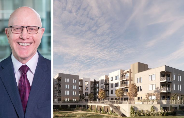 Bank OZK CEO George Gleason and a rendering of the Hillcrest Apartments project in Thousand Oaks, Calif.