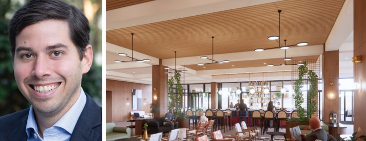 Jared Schlosser of Peachtree Group and a rendering of The Printing House – Tapestry Collection by Hilton project in Nashville.