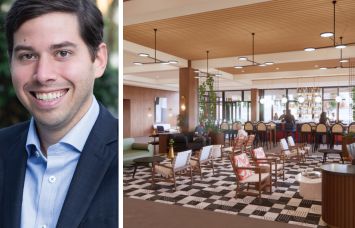 Jared Schlosser of Peachtree Group and a rendering of The Printing House – Tapestry Collection by Hilton project in Nashville.