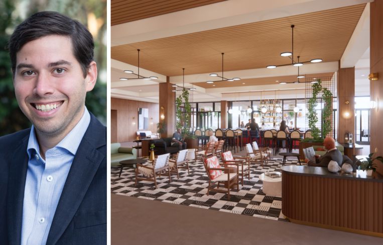 Jared Schlosser of Peachtree Group and a rendering of The Printing House – Tapestry Collection by Hilton project in Nashville.