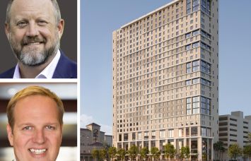 Jason Sizemore of Gilbane Building; Jeffrey Resetco of Gilbane Development, and a rendering of a student housing project in West Palm Beach for Palm Beach Atlantic University.