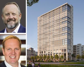 Jason Sizemore of Gilbane Building; Jeffrey Resetco of Gilbane Development, and a rendering of a student housing project in West Palm Beach for Palm Beach Atlantic University.