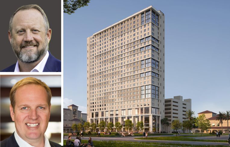 Jason Sizemore of Gilbane Building; Jeffrey Resetco of Gilbane Development, and a rendering of a student housing project in West Palm Beach for Palm Beach Atlantic University.