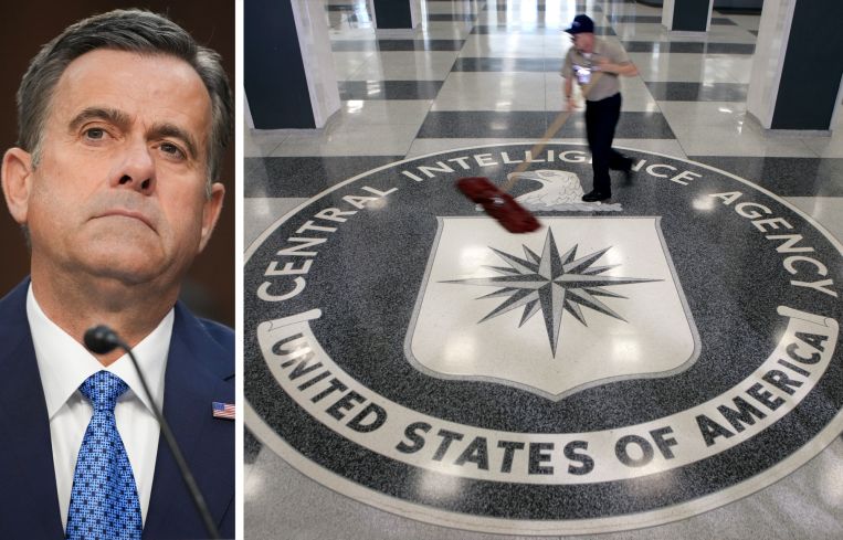 Central Intelligence Agency Director John Ratcliffe and the lobby of CIA Headquarters.
