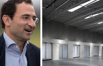 Jonathan Gray, president and COO of Blackstone, and an empty warehouse interior.