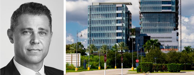 Newmark's Jordan Roeschlaub and Jonathan Firestone, and Onyx Tower in Hallandale Beach, Fla.
