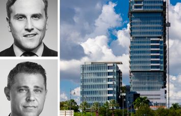 Newmark's Jordan Roeschlaub and Jonathan Firestone, and Onyx Tower in Hallandale Beach, Fla.