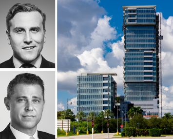 Newmark's Jordan Roeschlaub and Jonathan Firestone, and Onyx Tower in Hallandale Beach, Fla.