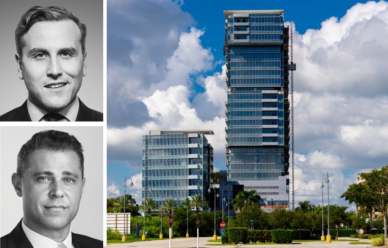 Newmark's Jordan Roeschlaub and Jonathan Firestone, and Onyx Tower in Hallandale Beach, Fla.