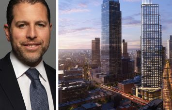 Madison Realty Capital's Josh Zegen and a rendering of 24-19 Jackson Avenue, Queens.