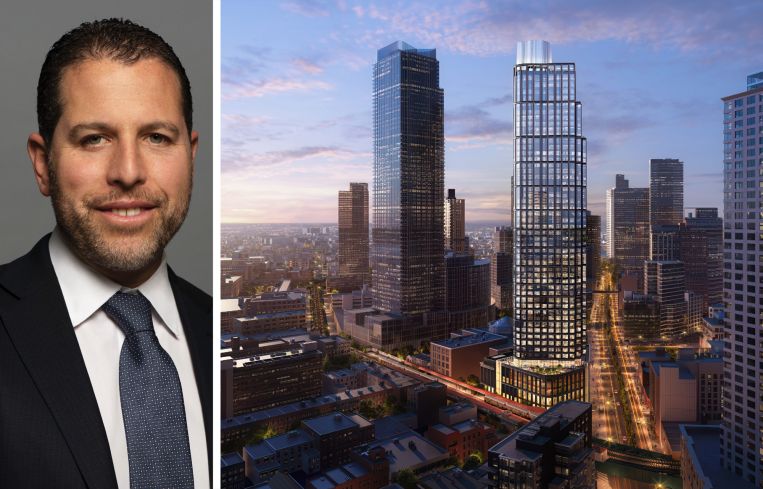 Madison Realty Capital's Josh Zegen and a rendering of 24-19 Jackson Avenue, Queens.