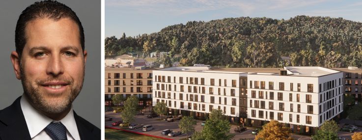 Madison Realty Capital's Josh Zegen and a rendering of Marshall, a student housing project at Binghamton University, Vestal, N.Y.