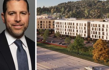 Madison Realty Capital's Josh Zegen and a rendering of Marshall, a student housing project at Binghamton University, Vestal, N.Y.