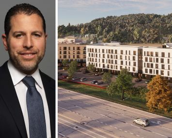 Madison Realty Capital's Josh Zegen and a rendering of Marshall, a student housing project at Binghamton University, Vestal, N.Y.