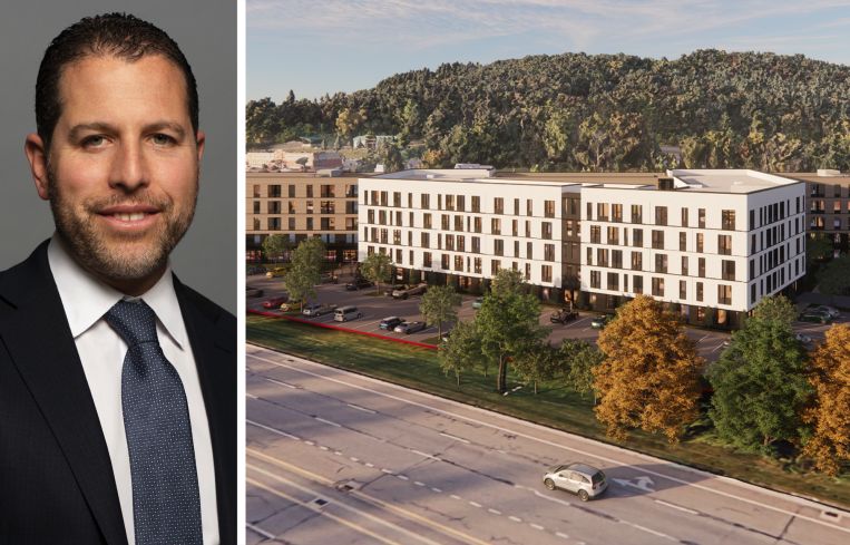 Madison Realty Capital's Josh Zegen and a rendering of Marshall, a student housing project at Binghamton University, Vestal, N.Y.