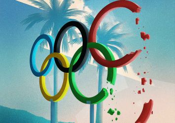 An illustration of crumbling Olympic Rings in front of palm trees.
