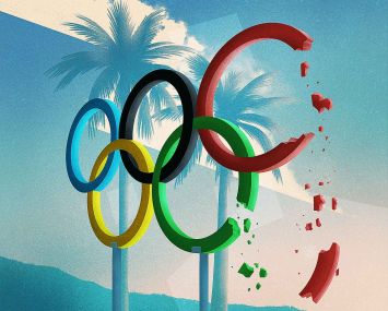 An illustration of crumbling Olympic Rings in front of palm trees.