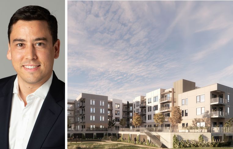 Affinius Capital Executive Director Mario Morales and a rendering of Hillcrest Apartments planned in Thousand Oaks, Calif.