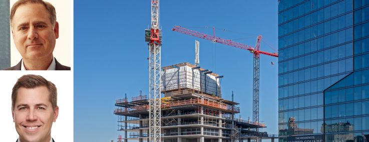 KKR's Matt Salem, Joel Traut, and Patrick Mattson, and construction on the JW Marriott Detroit Water Square hotel near the new luxury Water Square apartment building.