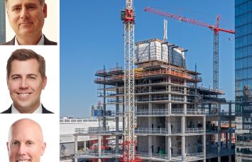 KKR's Matt Salem, Joel Traut, and Patrick Mattson, and construction on the JW Marriott Detroit Water Square hotel near the new luxury Water Square apartment building.