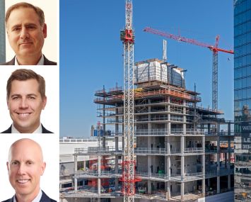 KKR's Matt Salem, Joel Traut, and Patrick Mattson, and construction on the JW Marriott Detroit Water Square hotel near the new luxury Water Square apartment building.