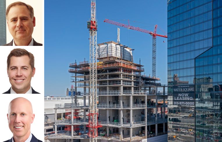 KKR's Matt Salem, Joel Traut, and Patrick Mattson, and construction on the JW Marriott Detroit Water Square hotel near the new luxury Water Square apartment building.