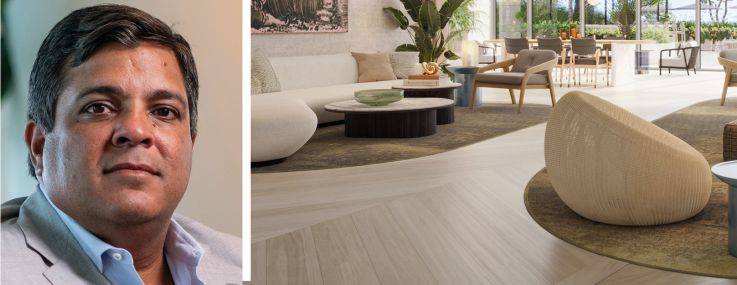 Related Group's Nick Perez, Merrimac Ventures's Dev Motwani, and a rendering of the lounge at Waldorf Astoria Residences Pompano Beach.
