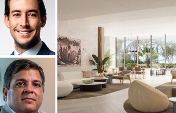 Related Group's Nick Perez, Merrimac Ventures's Dev Motwani, and a rendering of the lounge at Waldorf Astoria Residences Pompano Beach.