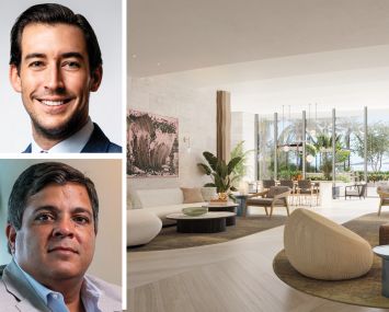 Related Group's Nick Perez, Merrimac Ventures's Dev Motwani, and a rendering of the lounge at Waldorf Astoria Residences Pompano Beach.
