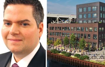 CBRE's Patrick Dugan and a rendering of 300 Huntington Street in Brooklyn.