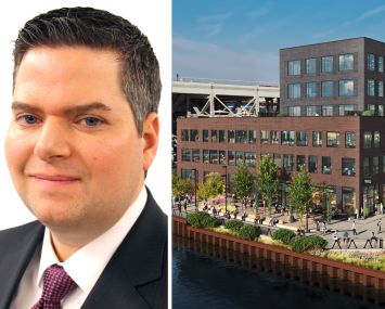 CBRE's Patrick Dugan and a rendering of 300 Huntington Street in Brooklyn.