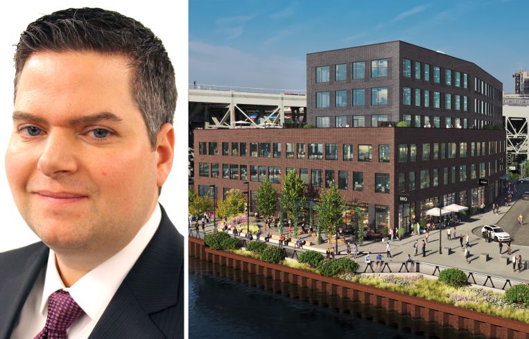 CBRE's Patrick Dugan and a rendering of 300 Huntington Street in Brooklyn.