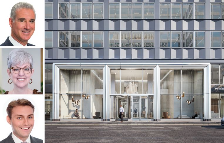 JLL's Paul Glickman, Diana Biasotti, and Harrison Potter, and a rendering of 99 Park Avenue.