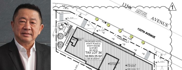 Sam Chang of McSam Hotel Group and a drawing of the proposed hotel at 143-02 135th Avenue, Queens.
