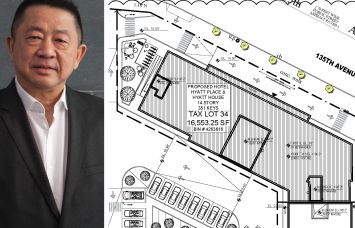 Sam Chang of McSam Hotel Group and a drawing of the proposed hotel at 143-02 135th Avenue, Queens.