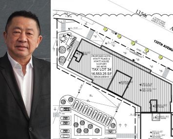 Sam Chang of McSam Hotel Group and a drawing of the proposed hotel at 143-02 135th Avenue, Queens.